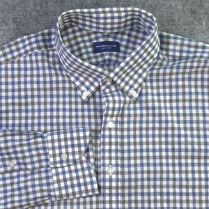 Proper Cloth Dress Shirt 17.5 38.5 Blue Gray Check 100% Merino Wool Button Down